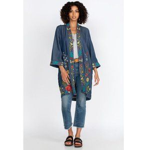 Johnny Was Kimono Long Provence Coat Denim Blue Embroidery Jacket Floral NEW